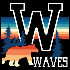 Waves fashion design with Bear walking, and gradient style. Surf t-shirt design.