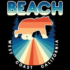 Surf illustration with text Beach and bear walking and text West Coast California. t-shirt design.
