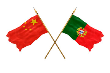 Background for designers. National Day. 3D model National flags  of People's Republic of China and Portugal