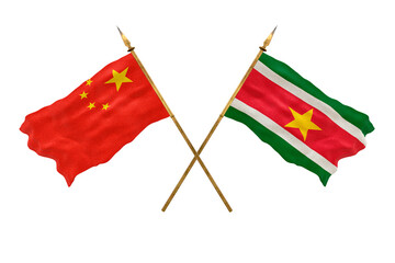 Background for designers. National Day. 3D model National flags  of People's Republic of China and Suriname