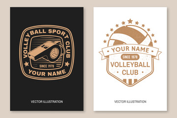 Volleyball club flyer, brochure, banner, poster. Vector. For sport club emblem, sign, logo. Vintage monochrome label, sticker, patch with volleyball ball and referee whistle silhouettes.