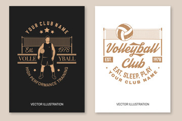 Set of volleyball club flyer, brochure, banner, poster. Vector. For sport club emblem, sign, logo. Vintage monochrome label, sticker, patch with volleyball ball, player and net silhouettes.