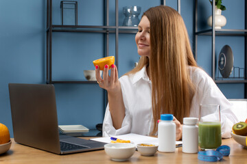 Specialist in dietetics advises an online client and makes an appointment for taking vitamins. Healthy nutrient