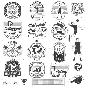 Set of volleyball club badge design. Vector illustration. For college league sport club emblem, sign, logo. Vintage monochrome label, sticker, patch with volleyball ball, player, net and referee