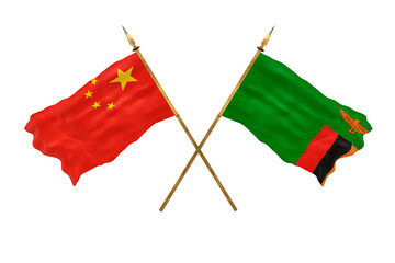 Background for designers. National Day. 3D model National flags  of People's Republic of China and Zambia