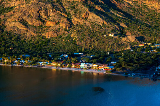 A beach community seen from above at sunrise on the  Bah&iacute;a Concepci&oacute;n, Sea of Cortez, Baja de California Sur, Mexico
