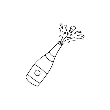 Popping champagne bottle doodle illustration. Popping champagne bottle hand drawn illustration. Champagne doodle illustration