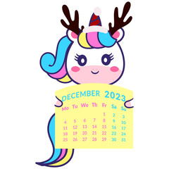 Unicorn in a Christmas hat with horns.Holds a calendar 2023 year december month.