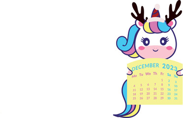 Unicorn in a Christmas hat with horns.Holds a calendar 2023 year december month.