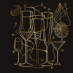  illustration of a wine and symbols, celebration, New Year, gold one continuous line drawing on black background