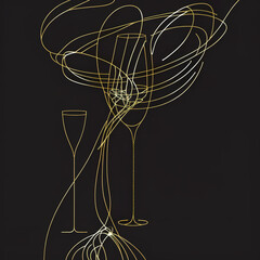 Fototapeta na wymiar illustration of a wine and symbols, celebration, New Year, gold one continuous line drawing on black background