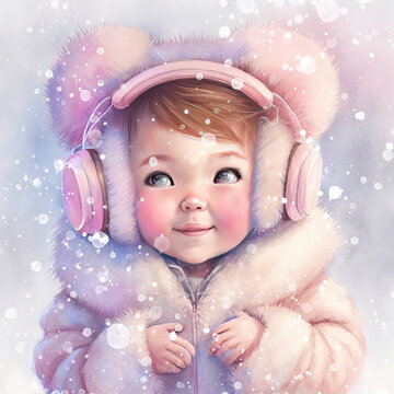 an adorable, beautiful baby girl wearing fluffy ear muffs, adventure, art, painting, watercolor, portrait, splash of pastel colors, happy, fun, snow, AI concept generated finalized in Photoshop by me