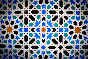 Geometric seamless andalusian moroccan islamic arabic star pattern in blue made out of ceramic...