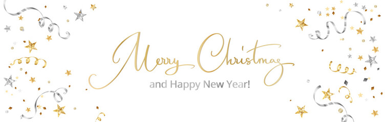 Fototapeta na wymiar Christmas decoration banner. Merry Christmas hand drawn text. Falling confetti, festive glitter border. Golden and silver frame. For New Year and winter holiday cards, headers, party flyers. Vector.