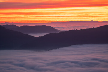 View over the Murg Valley to Merkur Mountain and Hohenbaden Castle during an inversion weather...