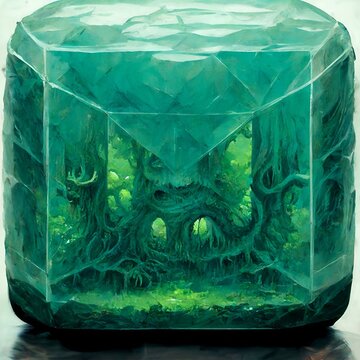 Grungy Digital Oil Painting. A Green Gelatinous Cube Full Of Unspeakable Horror. [Digital Art Illustration; Sci-Fi Fantasy Horror Background; Game, Graphic Novel, Or Postcard Image]