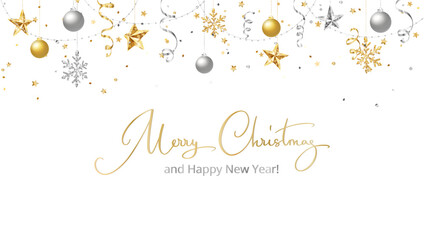 Christmas banner. Gold and silver decoration. Elegant Merry Christmas calligraphy. Holiday border, frame. Festive vector background. Garland with glitter stars. For New Year headers, party posters