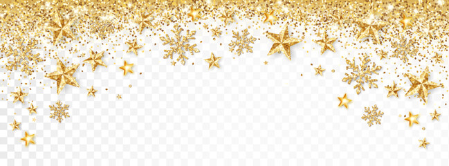 Holiday golden decoration. Falling glitter dust, stars and snowflakes. Christmas border. Festive winter vector background. For New Year headers, banners, party posters.