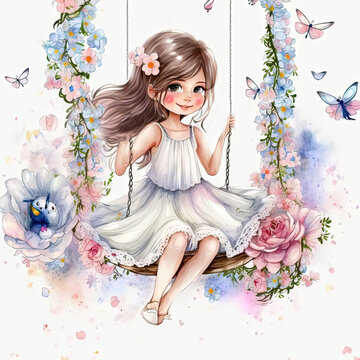 An adorable, beautiful cute princess, sitting on a swing, smiling, flowers, watercolor, portrait, pink, doll like, AI concept generated finalized in Photoshop by me