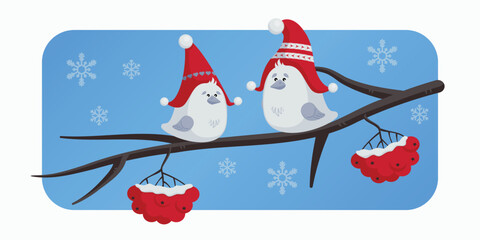 Two birds in winter hats sitting on the rowan twig - seasonal vector illustration for cards, christmas design, kids illustration
