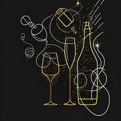 illustration of a wine and symbols, celebration, New Year, gold line on black background