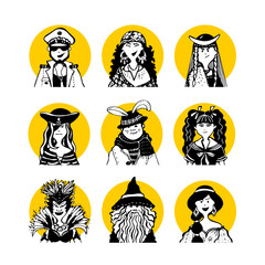 Christmas carnival costumes 5 comic doodle style people faces, characters avatar in yellow circle. New Year, captain, gypsy, viking, pirate, hare, japanese, schoolgirl, brazil, sorcerer, princess