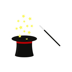 Magic hat and magic wand. Vector illustration.