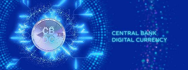 CBDC Advertising 3d banner banner with metallic central bank digital currency coin and circuit. Electricity impulse on motherboard. Futuristic landing page screen with business technology, financial