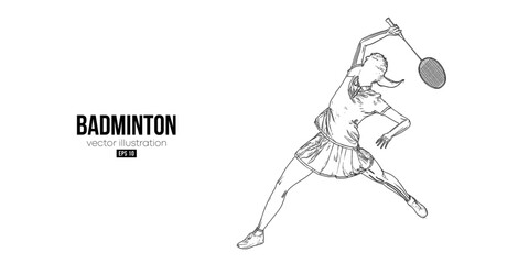 Abstract silhouette of a badminton player on white background. The badminton player woman hits the shuttlecock. Vector illustration