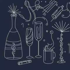 illustration of a wine and symbols, celebration, New Year,  dark blue background