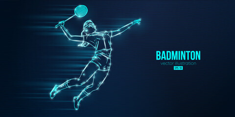 Abstract silhouette of a badminton player on blue background. The badminton player woman hits the shuttlecock. Vector illustration