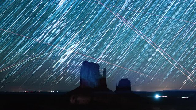 Monument Valley Startrails Airplane Traffic Full Frame Arizona and Utah USA Astrophotography Time Lapse