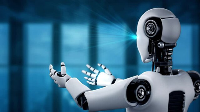 AI hominoid robot holding virtual hologram screen showing concept of big data analytic using artificial intelligence thinking by machine learning process. 3D rendering.