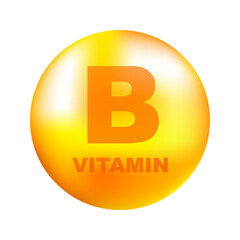 Vitamin B with realistic drop on gray background. Particles of vitamins in the middle. Vector illustration. © VectorUP