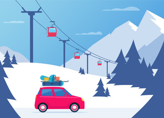 Winter Skiing holiday trip to mountains. Cute small car with ski and snowboard, backpack and suitcase on the roof. Vector illustration.