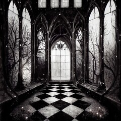 Abandoned gothic foyer with snow