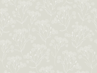 Seamless grey floral pattern.  Botanical clip art. Wildflowers wreath skethc.Vector line drawn leaves and flowers branches.Vector grey and white flowers.