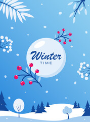 Fototapeta na wymiar Winter time. Winter social network banner template. Flyer with winter landscape snowy background. Vector illustration.