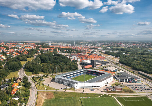 Randers cityscape and Randers Stadion (Cepheus Park). Randers, Central Jutland, Denmark - August 2022