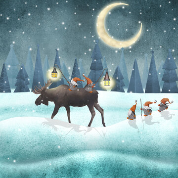 Scandinavian gnomes with moose watercolor illustration Cute Christmas gnomes in snow forest Winter fantasy moon night scenery  Swedish Nordic funny gnomes