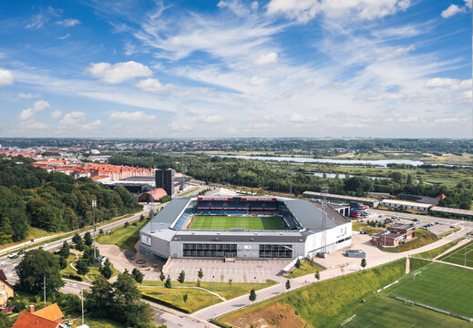 Aerial summer skyline view of Randers Stadion (Cepheus Park), home stadium for Randers FC. Randers, Central Jutland, Denmark - August 2022