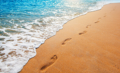 footprints on the beach with golden sand