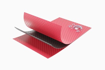 Modern technologies for the production of water-repellent and breathable fabrics. Three layers of fabric that allow air to pass through. A red rag. 3D rendering.