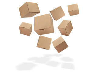Business e-commerce online shopping concept with a group of product box order falling with shadow. Marketplace and transport. white background