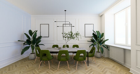 Klasyczna jadalnia z zielonymi krzesłami. Sztukaterie na ścianach i dużo kwiatów doniczkowych. Render 3D - obrazy, fototapety, plakaty