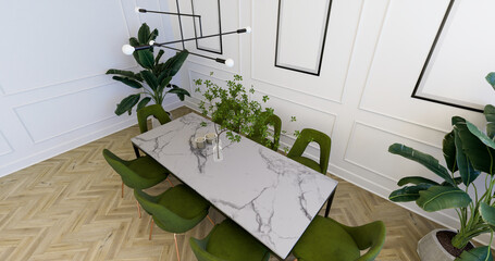 Klasyczna jadalnia z zielonymi krzesłami. Sztukaterie na ścianach i dużo kwiatów doniczkowych. Render 3D - obrazy, fototapety, plakaty