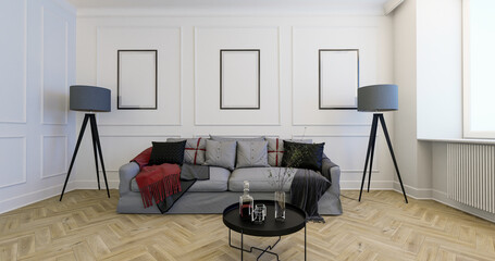 Wnętrze zaprojektowane w stylu klasycznym. Miękka sofa i ozdobne lampy. Render 3d - obrazy, fototapety, plakaty