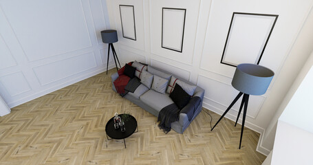 Wnętrze zaprojektowane w stylu klasycznym. Miękka sofa i ozdobne lampy. Render 3d - obrazy, fototapety, plakaty