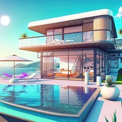 Modern house with a swimming pool, sea view 3D rendering