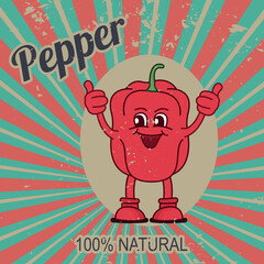 Funny character, sweet cartoon pepper in retro style.